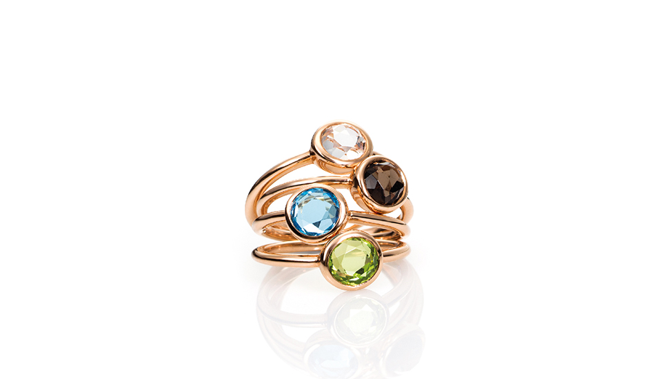18kt pink gold rings with crystal rock, smoky quartz, blue topaz and peridot