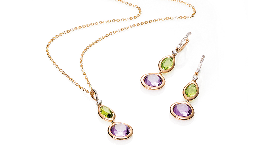 18kt pink gold pendant and earrings with amethyst, peridot and white diamonds