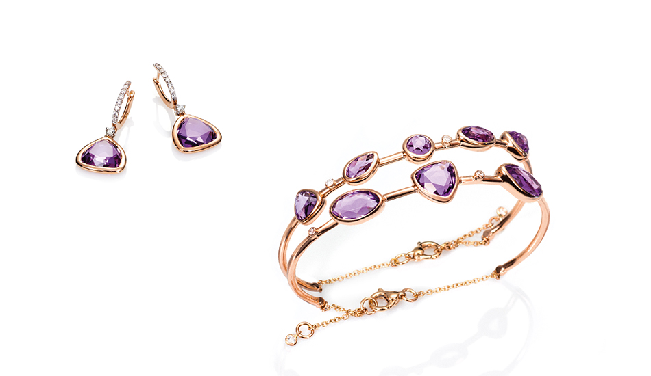 18kt pink gold earrings and bracelets with amethyst and white diamonds