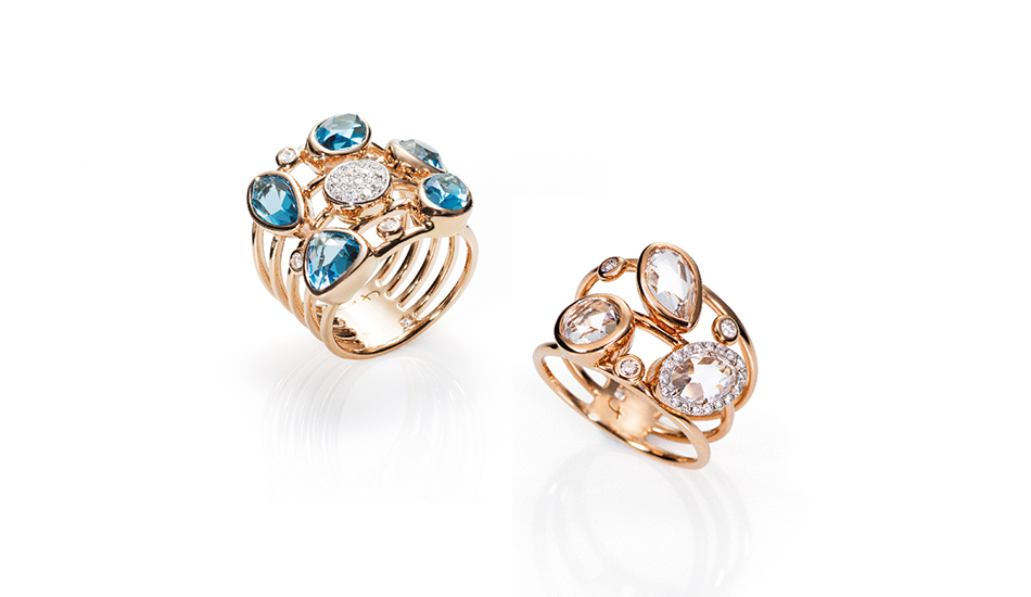 18kt pink gold rings with blue topaz, crystal rock and white diamonds