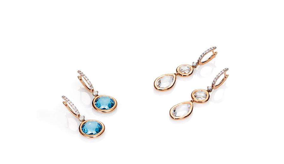 18kt pink gold earrings with blue topaz, crystal rock and white diamonds