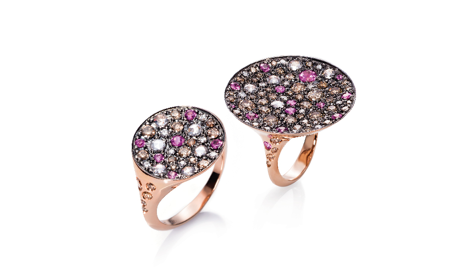 18kt pink gold Rings with rubies and white and brown diamonds