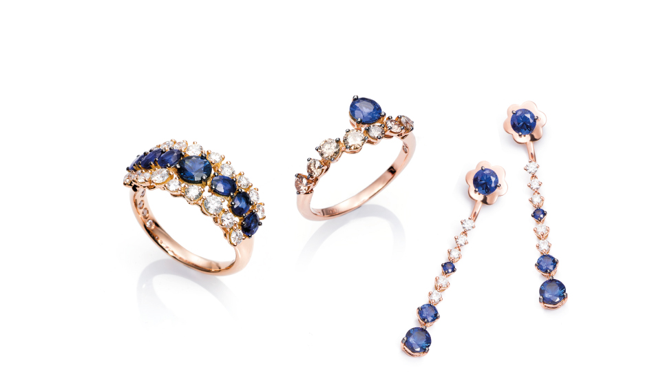 18kt pink gold rings and earrings with  sapphires and diamonds