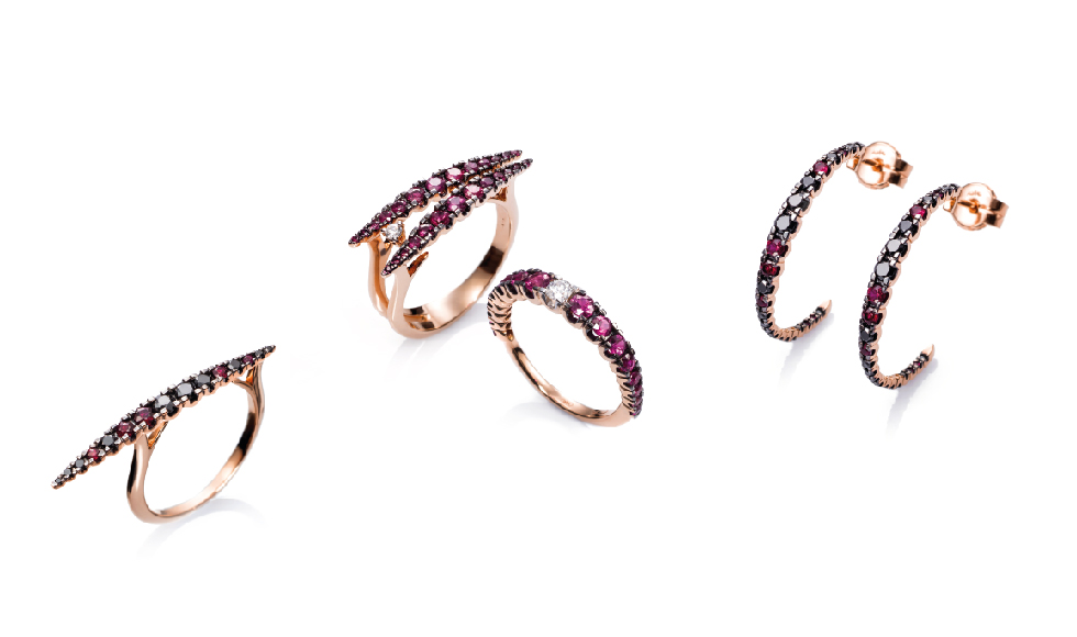 Anelli e orecchini in oro rosa 18kt con rubini e diamanti