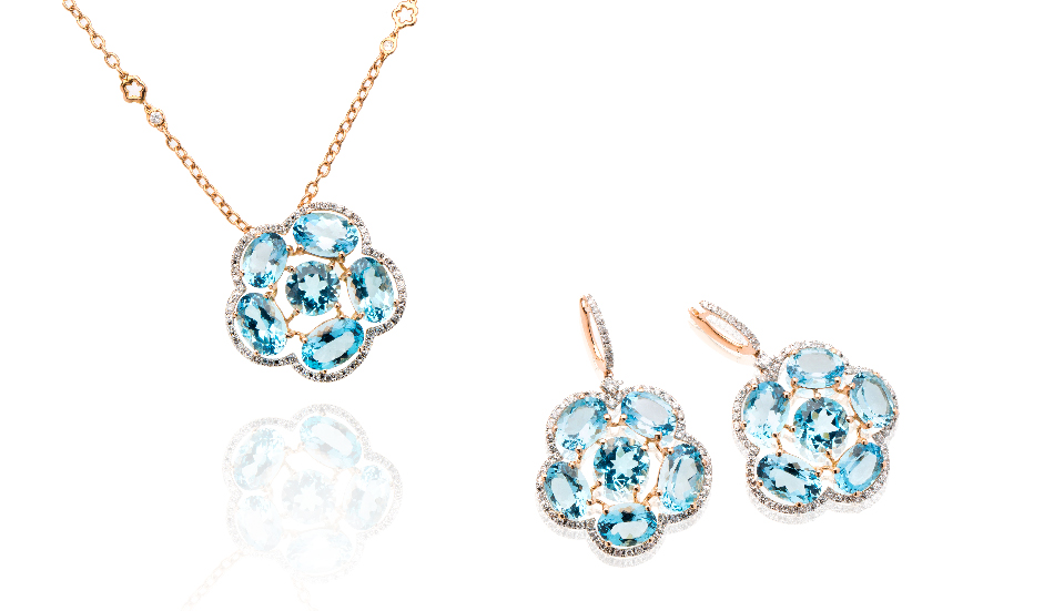 18kt pink gold pendant and earrings with blue topaz and diamonds