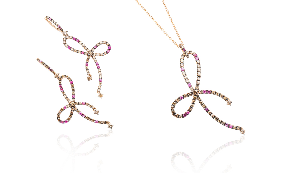 18kt pink gold earrings and pendant with pink sapphire and white and champagne diamonds